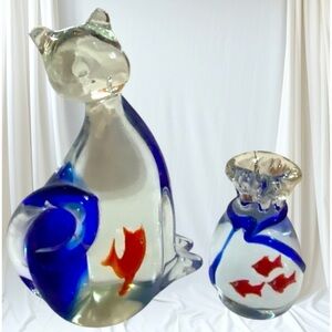 NWOT Art Glass Clear & Cobalt Blue Cat with Goldfish (Murano Glass?)